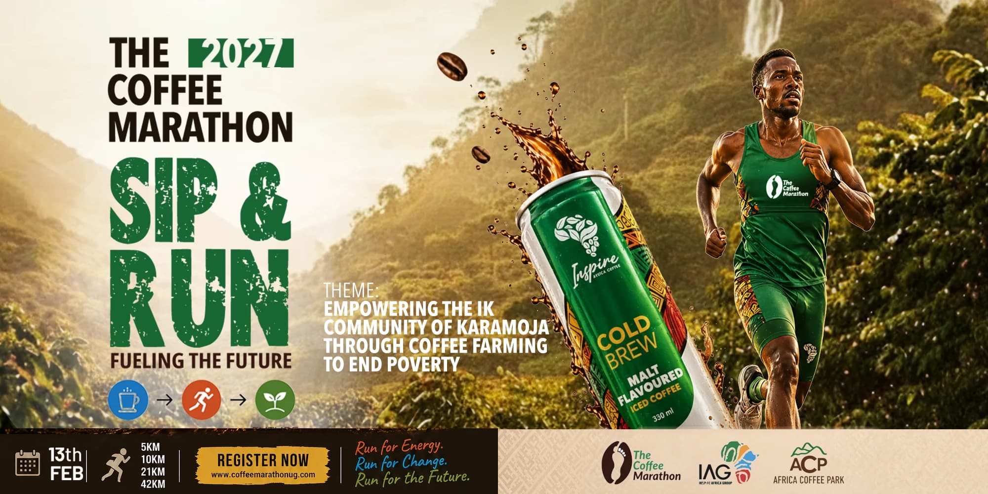 The 2027 Coffee Marathon, Sip & Run, Fueling the Future. 13th Feb at Africa Coffee Park. 5KM, 10KM, 21KM and 42KM.