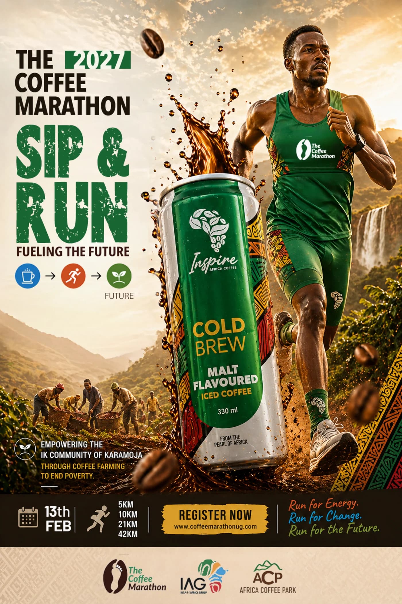 The 2027 Coffee Marathon, Sip & Run, Fueling the Future. 13th Feb at Africa Coffee Park. 5KM, 10KM, 21KM and 42KM.